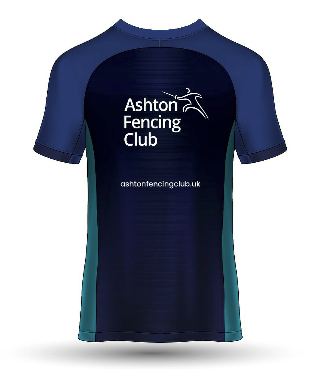 ashton fencing club new navy blue and cyan performance t shirt - back