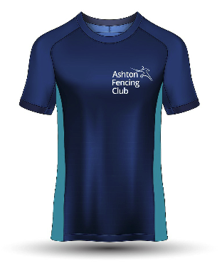 ashton fencing club new navy blue and cyan performance t shirt - front