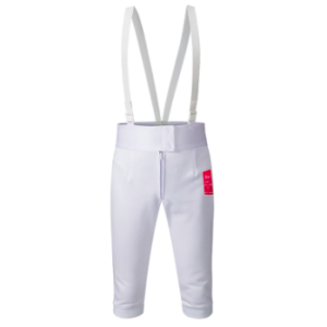 A pair of breeches as trousers in the sport of fencing.